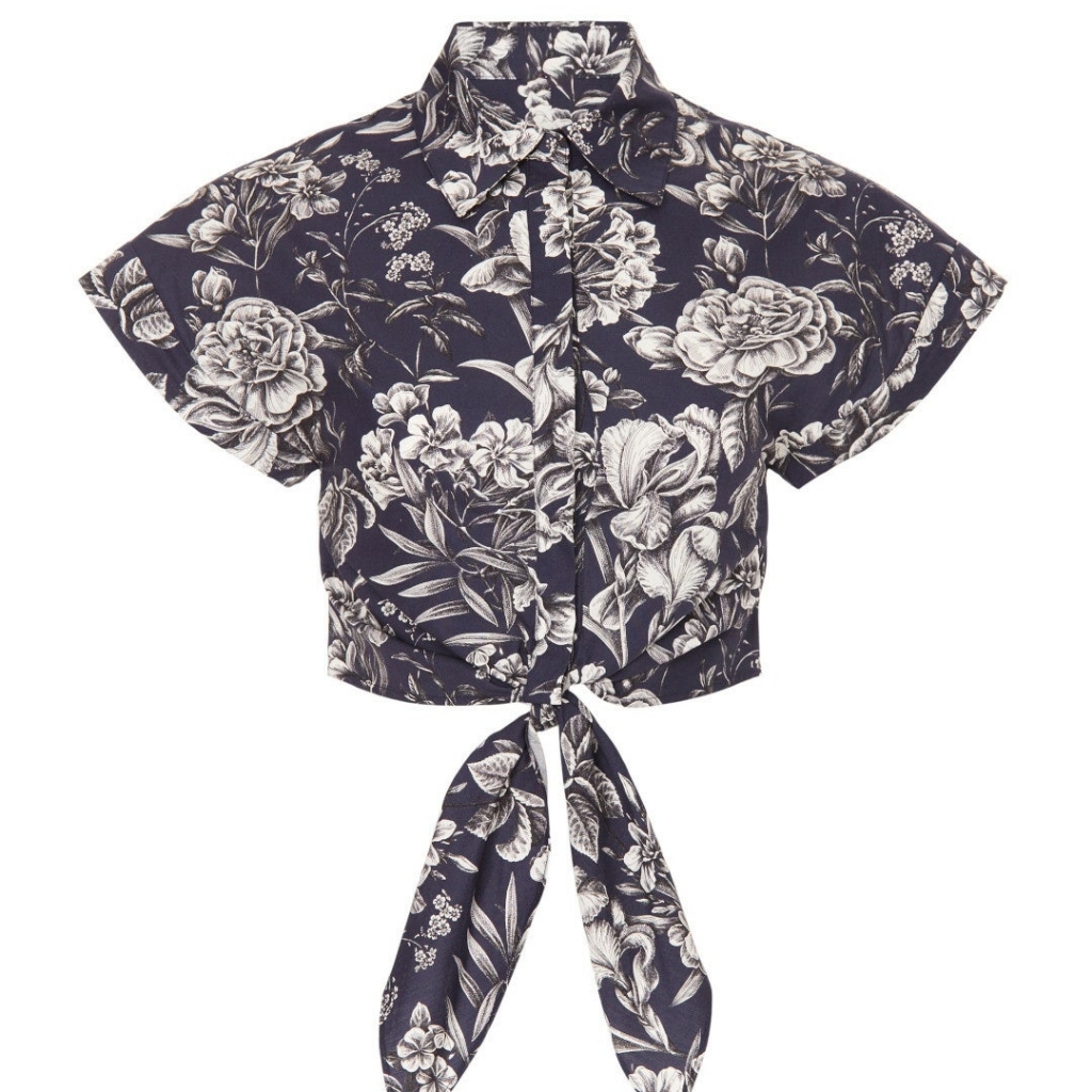 Adam Lippes Cropped Floral Shirt Short Sleeves Collar Front Button Size M